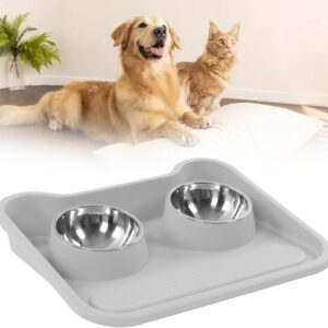 İkili Kedi Köpek Mama Kabı - Paslanmaz Çelik Çıkarılabilir Hazneli, Kaymaz Silikon Matlı - Gri