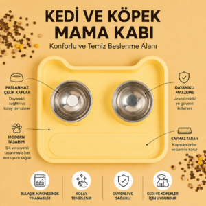 İkili Kedi Köpek Mama Kabı - Paslanmaz Çelik Çıkarılabilir Hazneli, Kaymaz Silikon Matlı - Sarı
